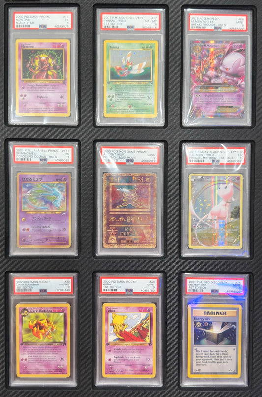 Nine PSA Graded Pokemon Cards with various grades.