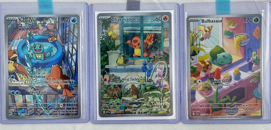 Starter Pokemon Cards, squirtle, charmander, and bulbasuar card art.