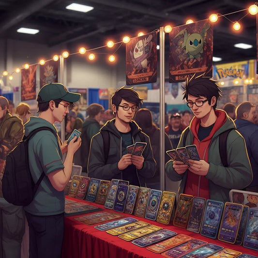 Three men at a trading card event.
