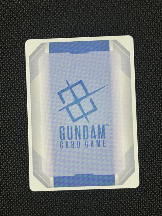 Gundam card game card with branding on a textured black background
