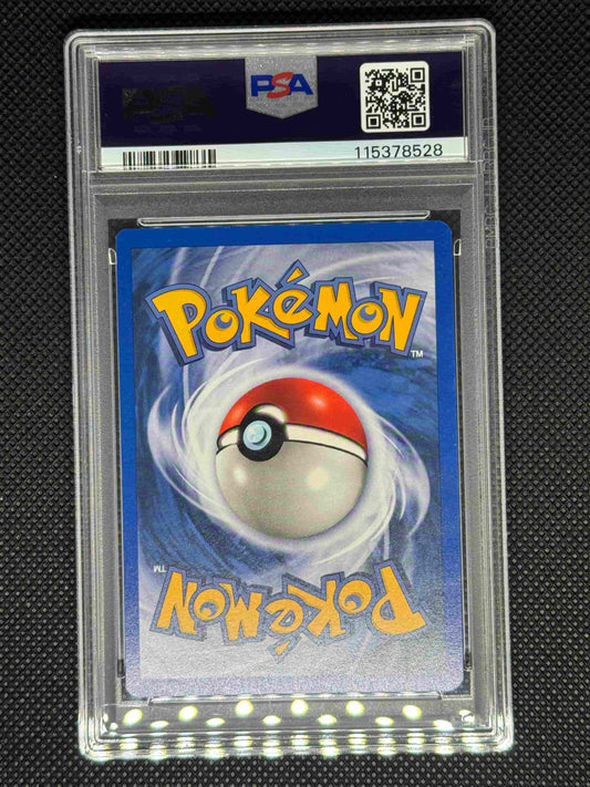 Pokémon trading card in a PSA protective case with its ID number and barcode and QR code.