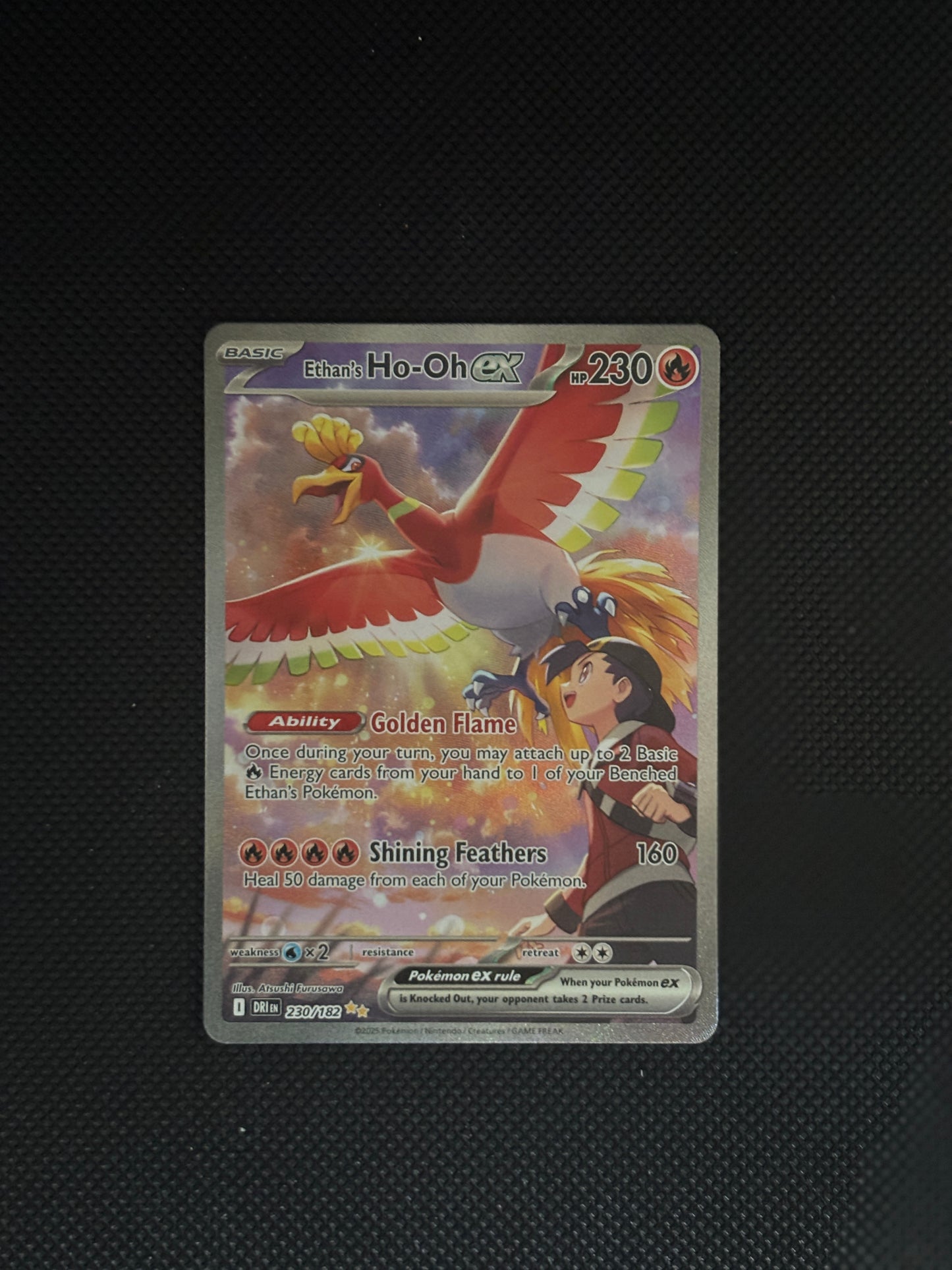 Ethan looking up to see HO-oh flying through the sunny cloudy sky.