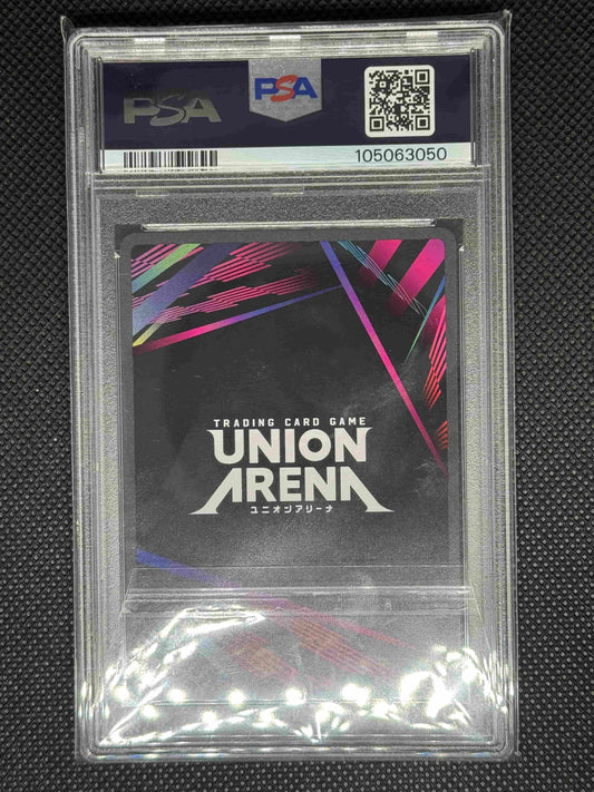 Trading card in a PSA protective case with 'Union Arena' branding on a dark textured background