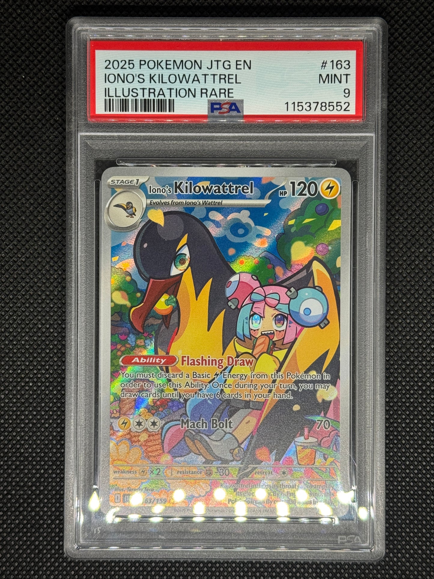 Iono's Kilowattrel illustration rare in a PSA 9 slab with the set, card number, ID, and barcode.