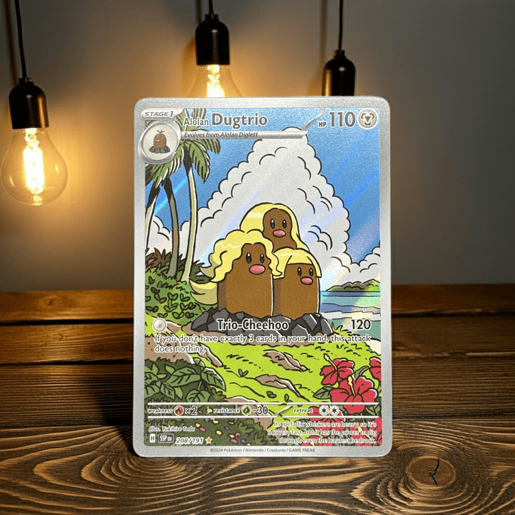 Alolan Dugtrio holo Pokémon card with the trio’s flowing blonde hair, tropical island background
