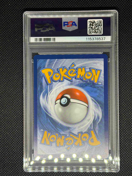 Pokémon trading card in a protective case with PSA logo, barcode, ID number, and QRcode.