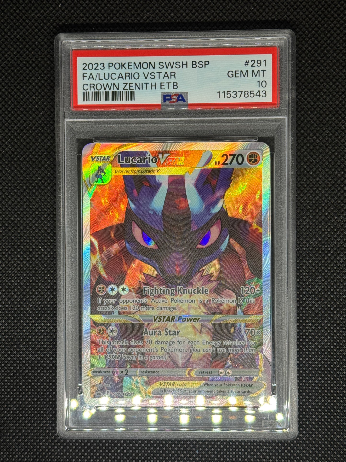 Lucario Vstar Promo from Crown Zenith ETB in a protective case with visible grading information.