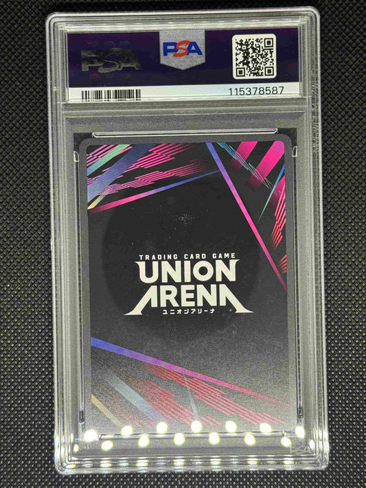 Trading card game Union Arena card in a PSA protective case on a textured black background