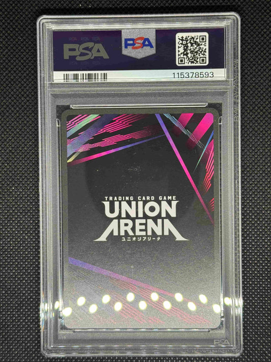 Trading card in a PSA protective case with 'Union Arena' branding