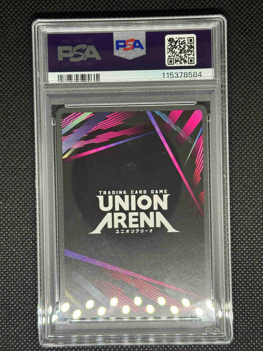 Trading card in a PSA protective case with Union Arena branding on a dark textured background