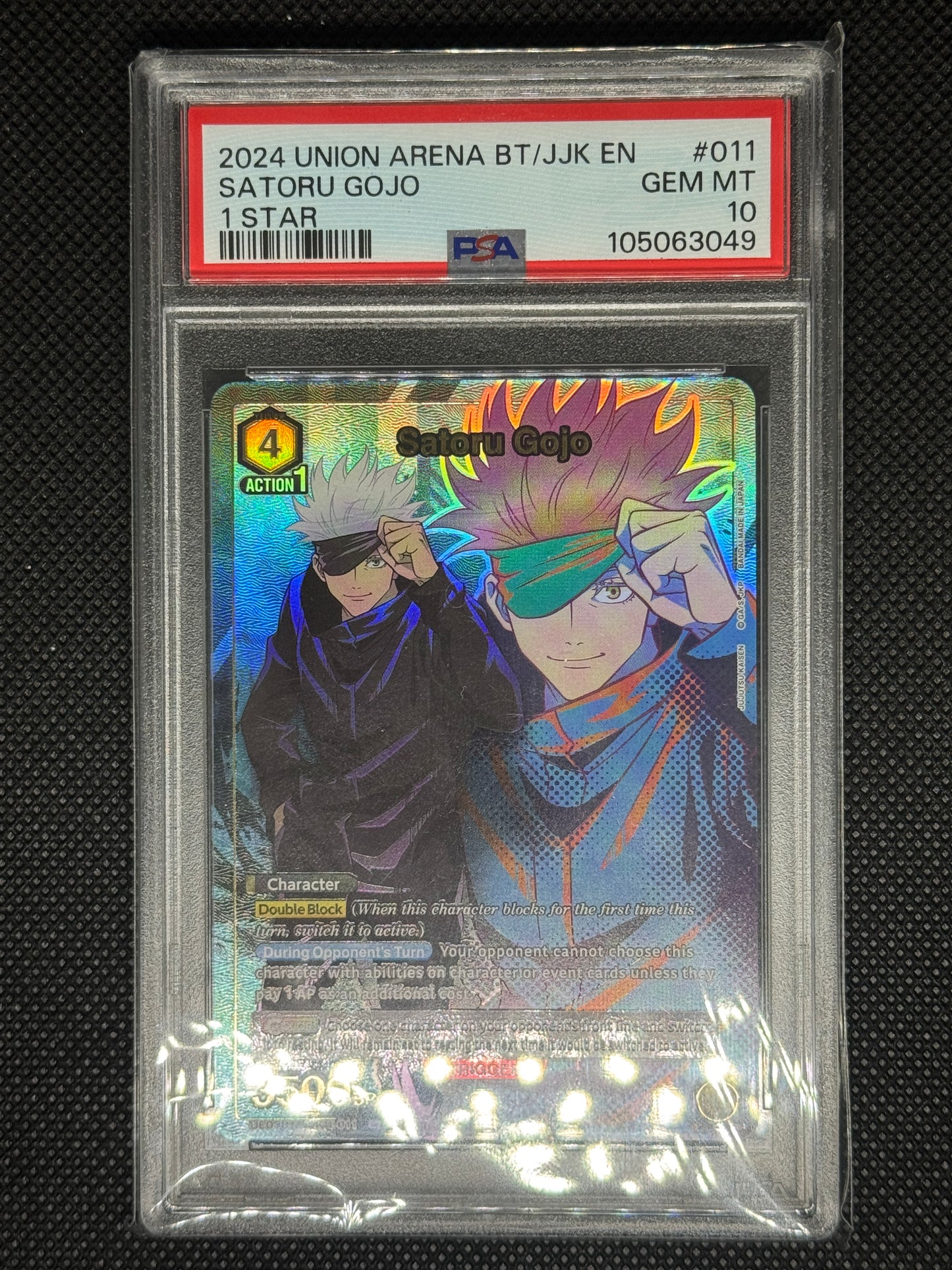 Holographic trading card of Satoru Gojo from Union Arena in protective packaging with a visible grading label.