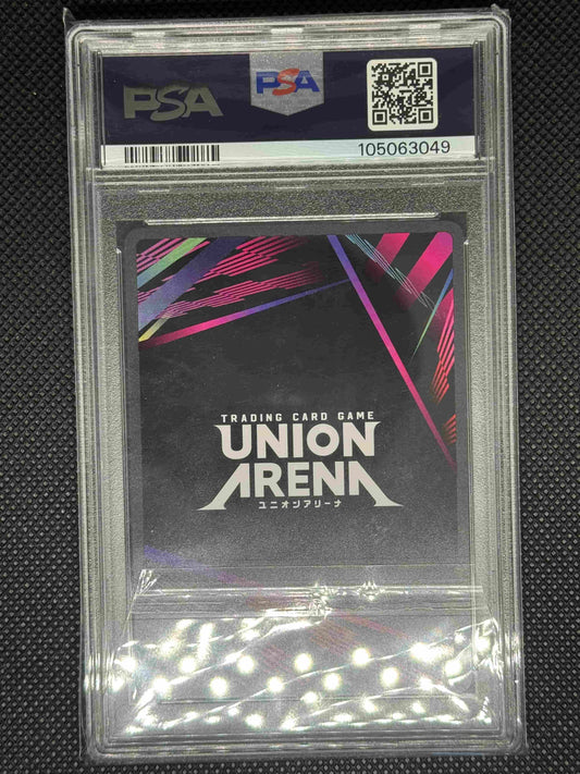 Trading card game card in a PSA protective case on a textured black background