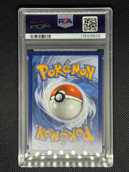 Pokémon trading card in a protective case with PSA logo, id number, barcode, and QR code.
