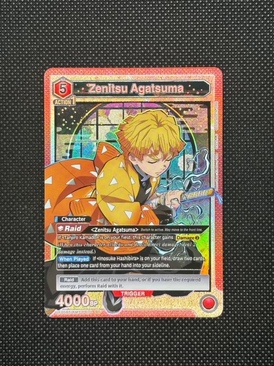 Zenitsu closing eyes and holding sword with a yellow background (Union Arena)