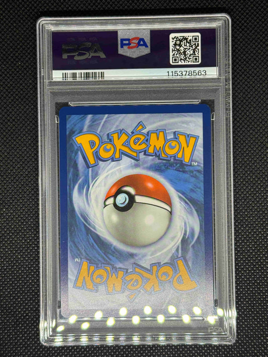 Pokémon trading card in a protective case with PSA logo, barcode, QR code, and ID number.