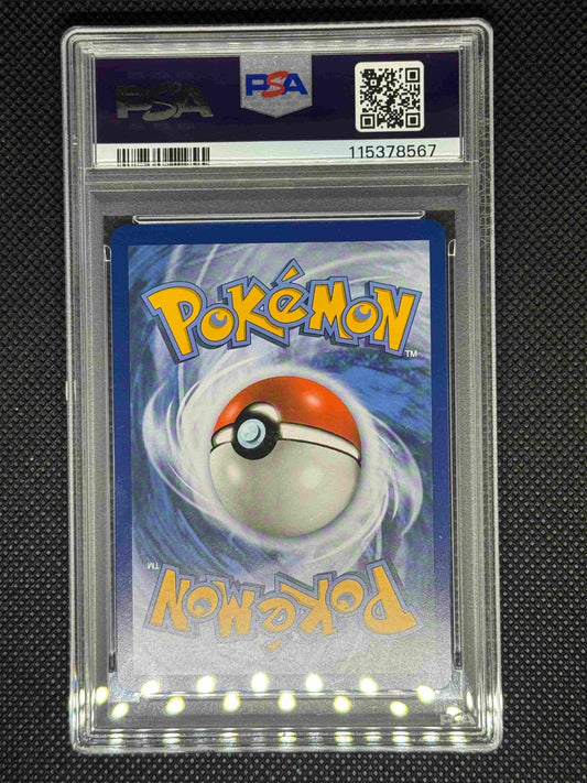 Pokémon trading card in a protective case with PSA logo, barcode, ID, and QR code.