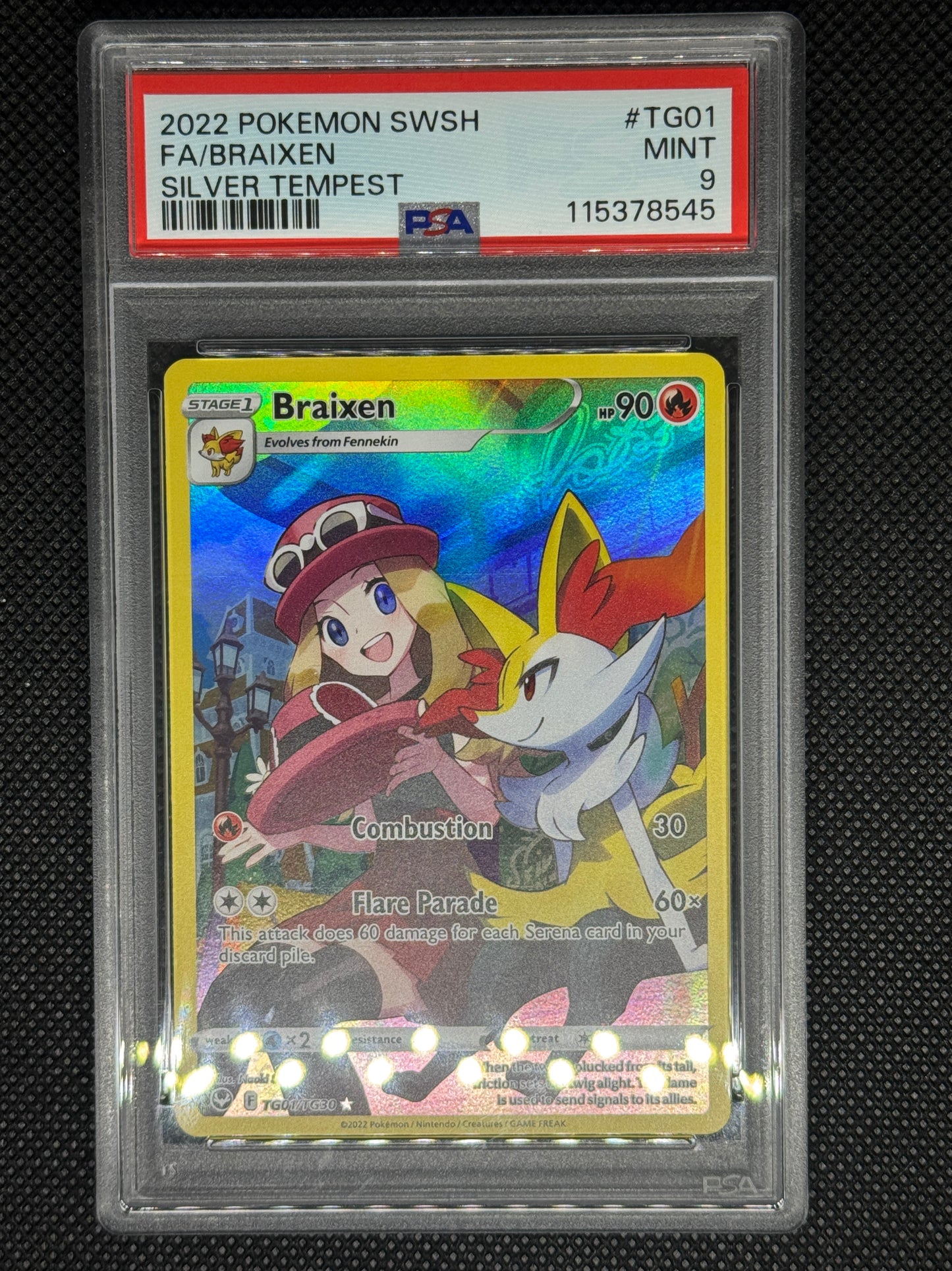 Braixen Trainer Gallery in a PSA 9 slab with the set, card number, ID, and barcode.
