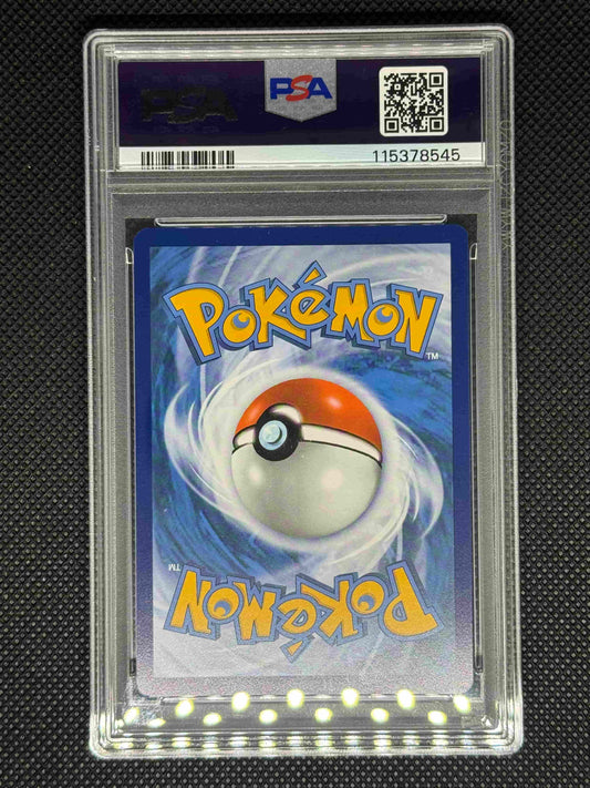 Pokémon trading card in a protective case with a visible PSA logo, barcode, QR code, and ID number.