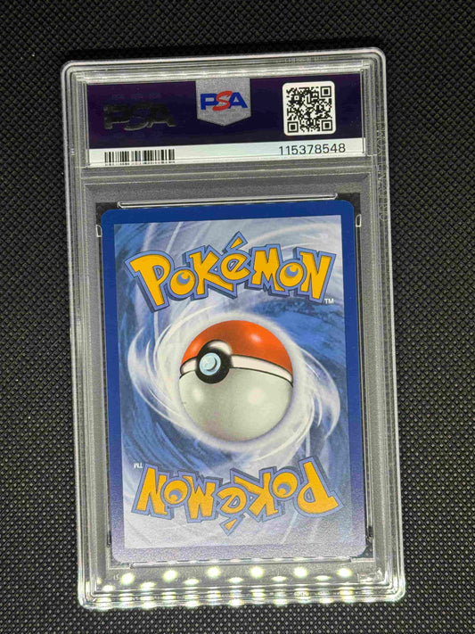 Pokémon trading card in a protective case with PSA logo, barcode, QRcode, and ID number.
