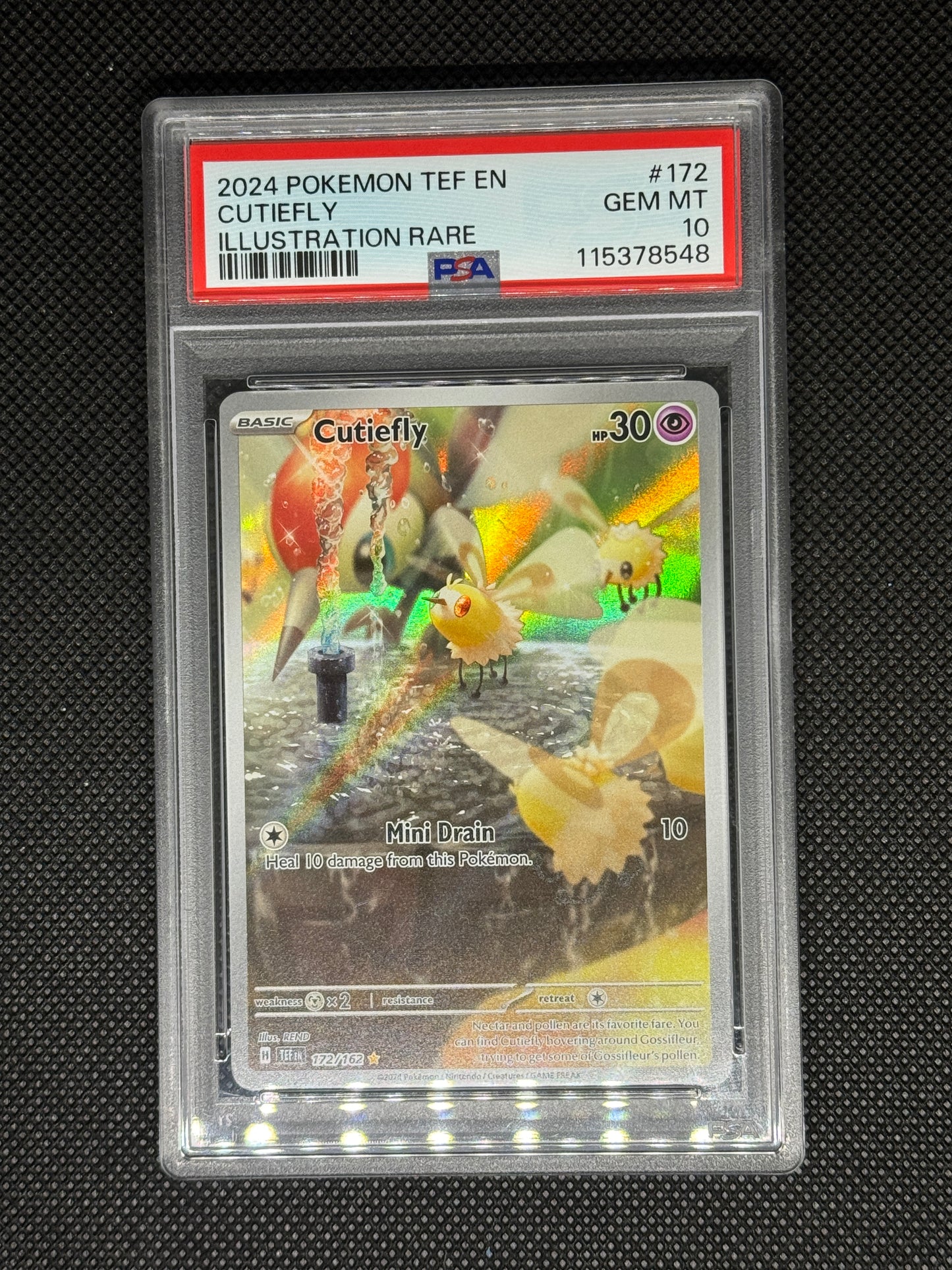 Cutiefly illustration rare in a PSA 10 slab with the set, card number, ID, and barcode.