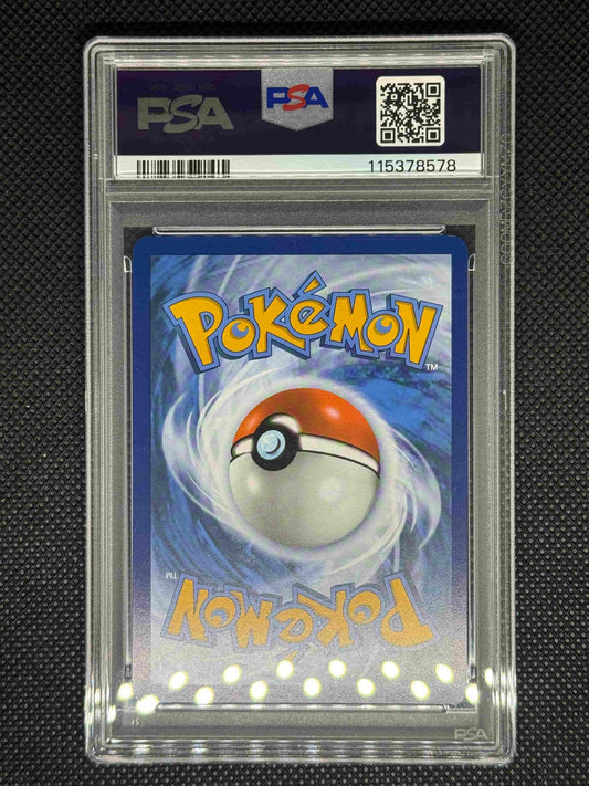 Pokémon trading card in a protective case with a visible PSA logo, barcode, QR code, and ID number.