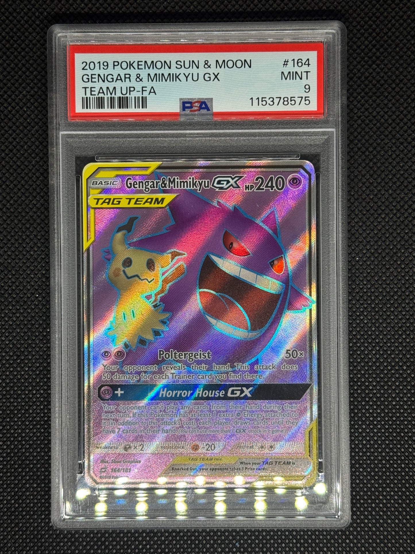gengarandmimikyuGX in a PSA 9 slab with the set, card number, ID, and barcode.