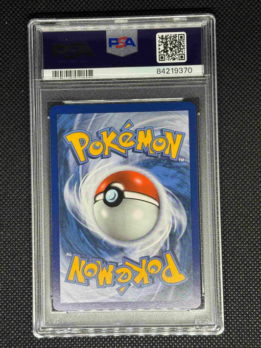 Pokémon trading card in a protective case with a visible PSA logo, barcode, QR code, and ID number.