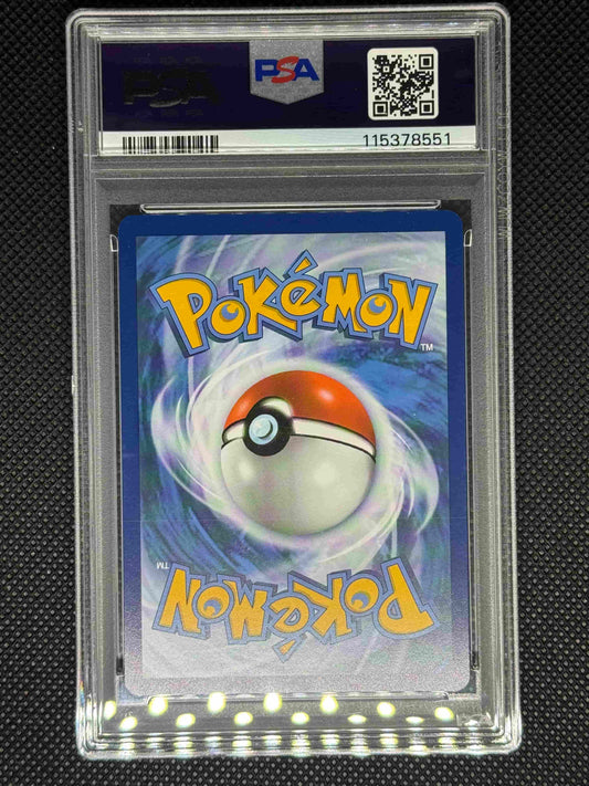 Pokémon trading card in a protective case with PSA certification. Including Barcode, QR code, and ID number.