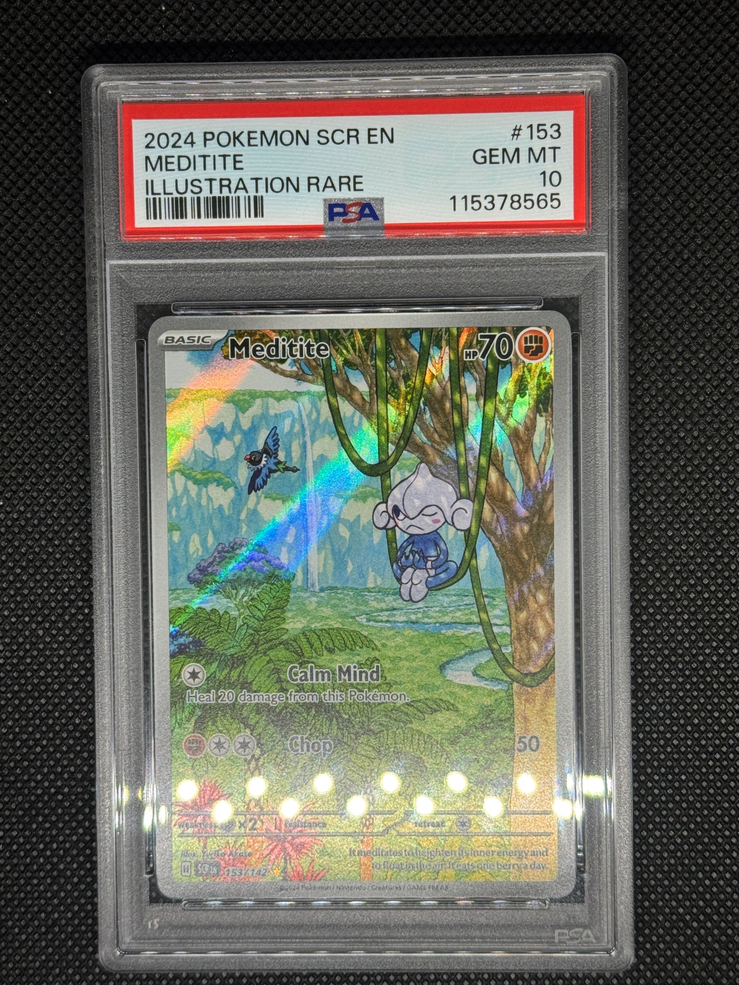 Meditite illustration rare card in a PSA 10 slab with the set, card number, ID, and barcode.