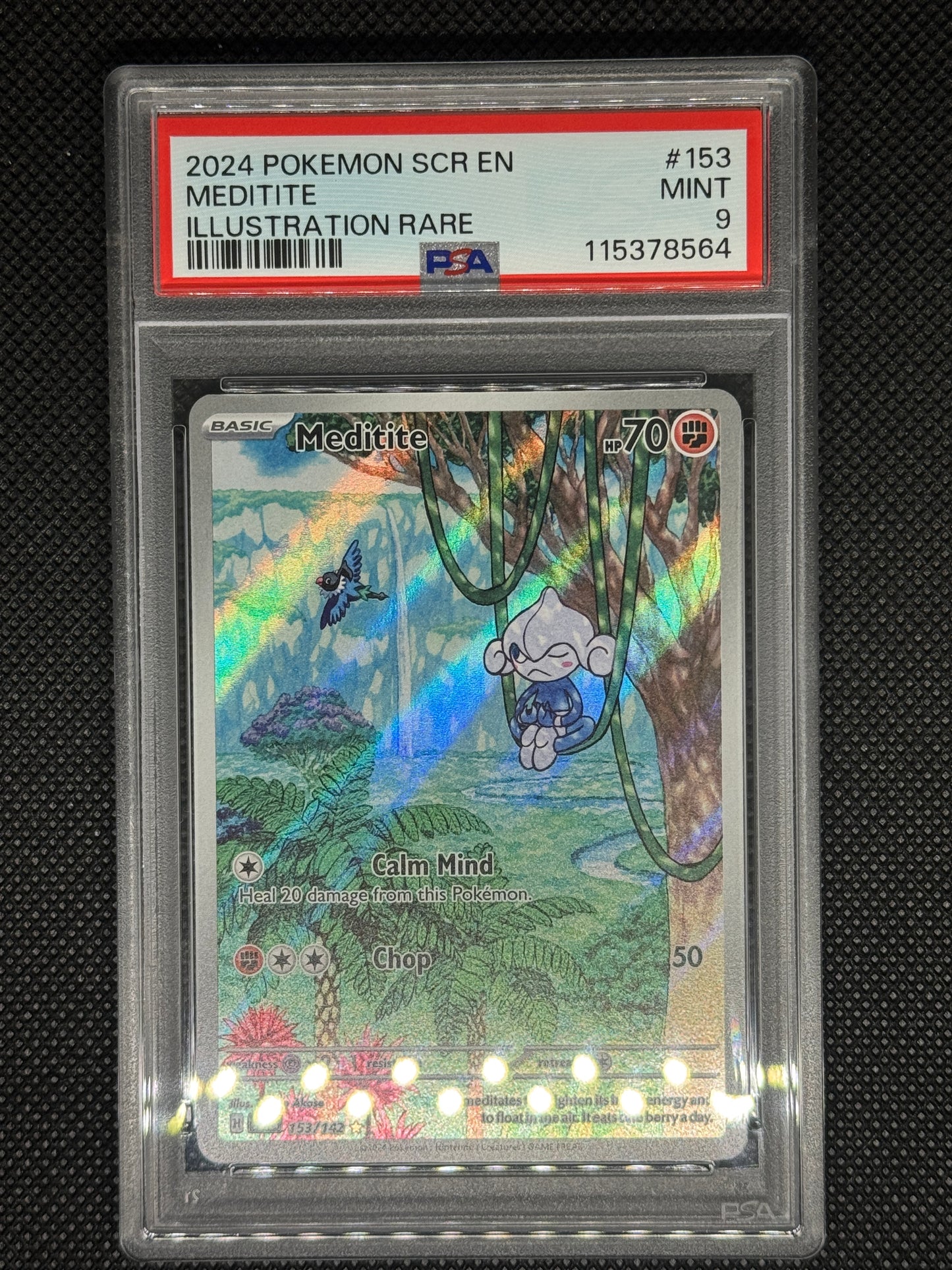 Meditite illustration rare card in a PSA 9 slab with the set, card number, ID, and barcode.