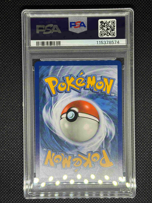 Pokémon trading card in a protective case with PSA logo, barcode, and QR code.