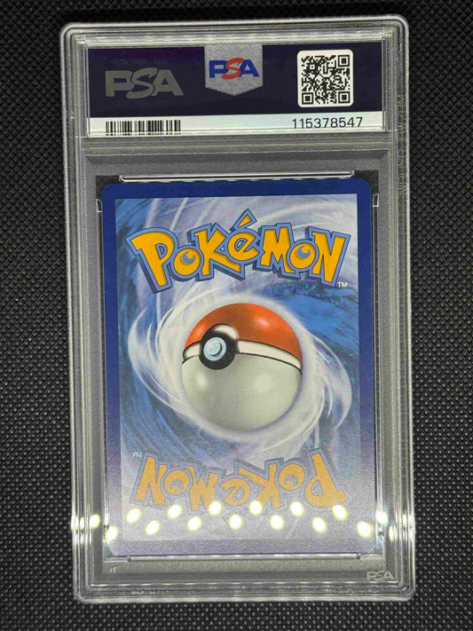 Pokémon trading card in a protective case with PSA logo, barcode, QRcode and ID number.