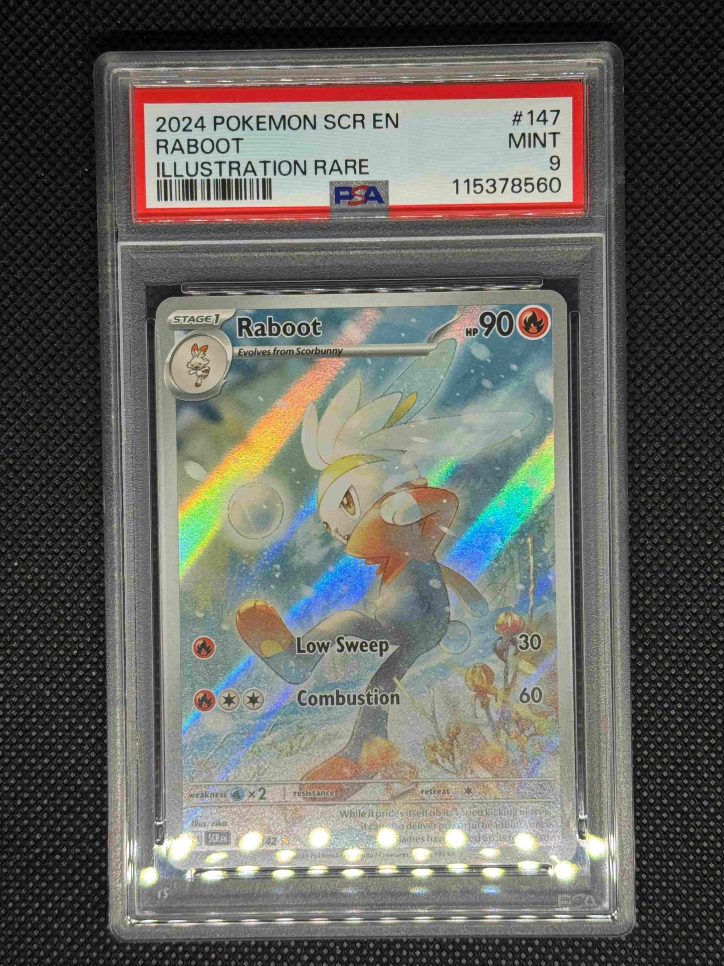 raboot illustration rare in a PSA 9 slab with the set, card number, ID, and barcode.
