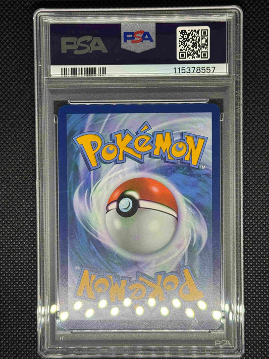 Pokémon trading card in a protective case with a visible PSA logo, barcode, QR code, and ID number.
