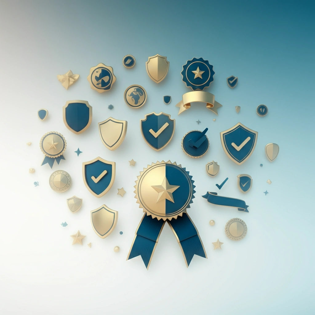 Various trust badges laid out in a circle.