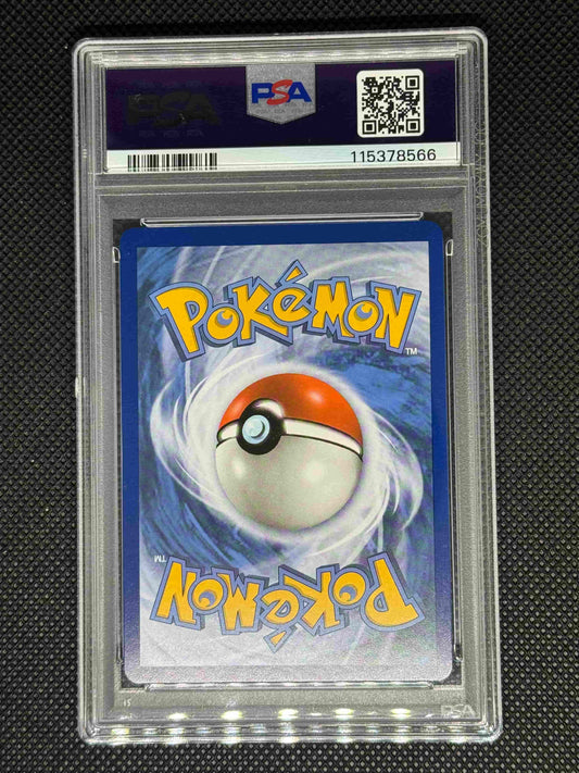 Pokémon trading card in a protective case with PSA, QR code, barcode, and ID.