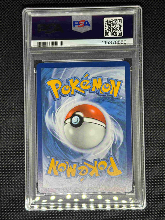 Pokémon trading card in a protective case with PSA label ,barcode, QR code, and ID number.