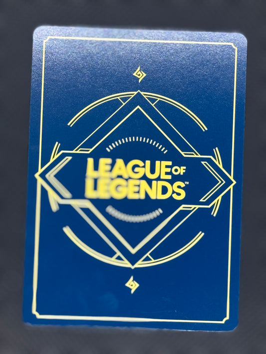 Blue card with 'League of Legends' logo on a dark background