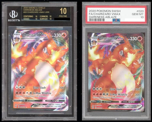 Two Charizard graded cards, one BGS Black Label on the left and one PSA graded 10 on the right.