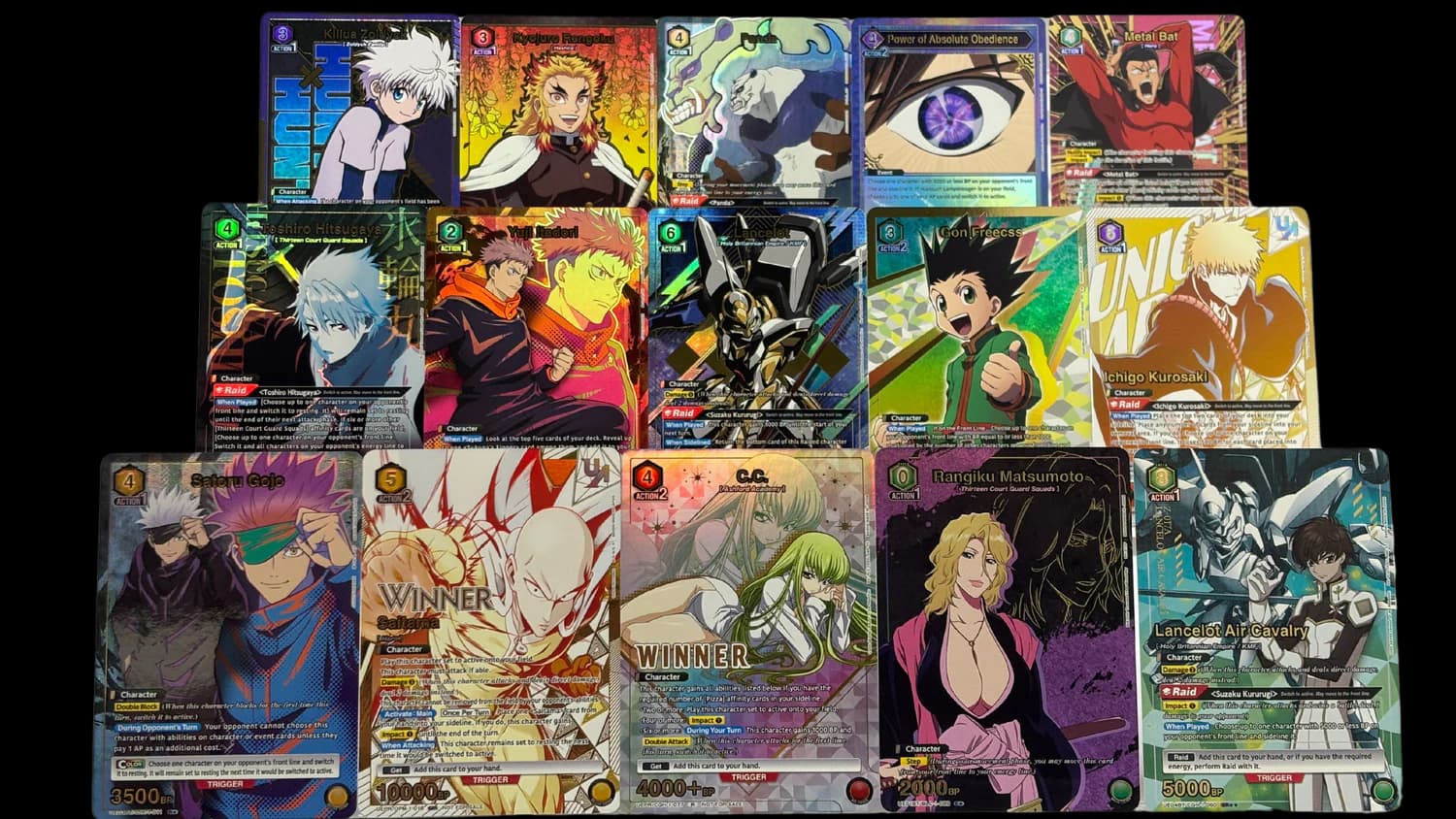 Collection of union arena cards ranging from Code geass, bleach, hunter x hunter, jjk, and one punch man