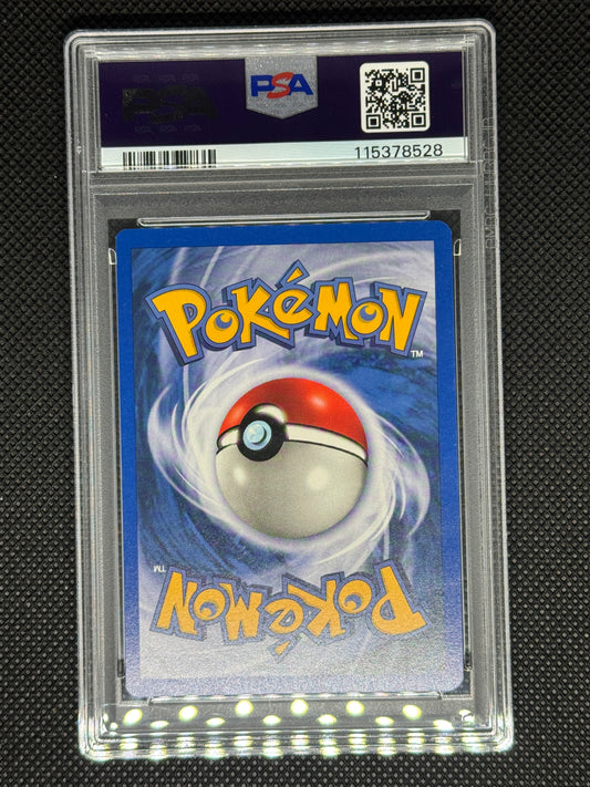 Pokémon trading card in a PSA protective case with its ID number and barcode and QR code.