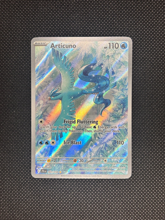 articuno flying through the snowy and icy winter with heavy white and blue background.
