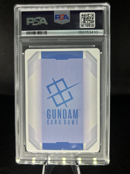 A PSA graded Gundam Card Game card sealed in a clear PSA slab, displayed on a stand against a dark background. The card features a light blue and white geometric design with the blue Gundam logo and text.