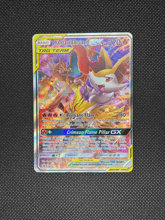 Charizard and braixen using fire moves and are ready to battle with a purple background.