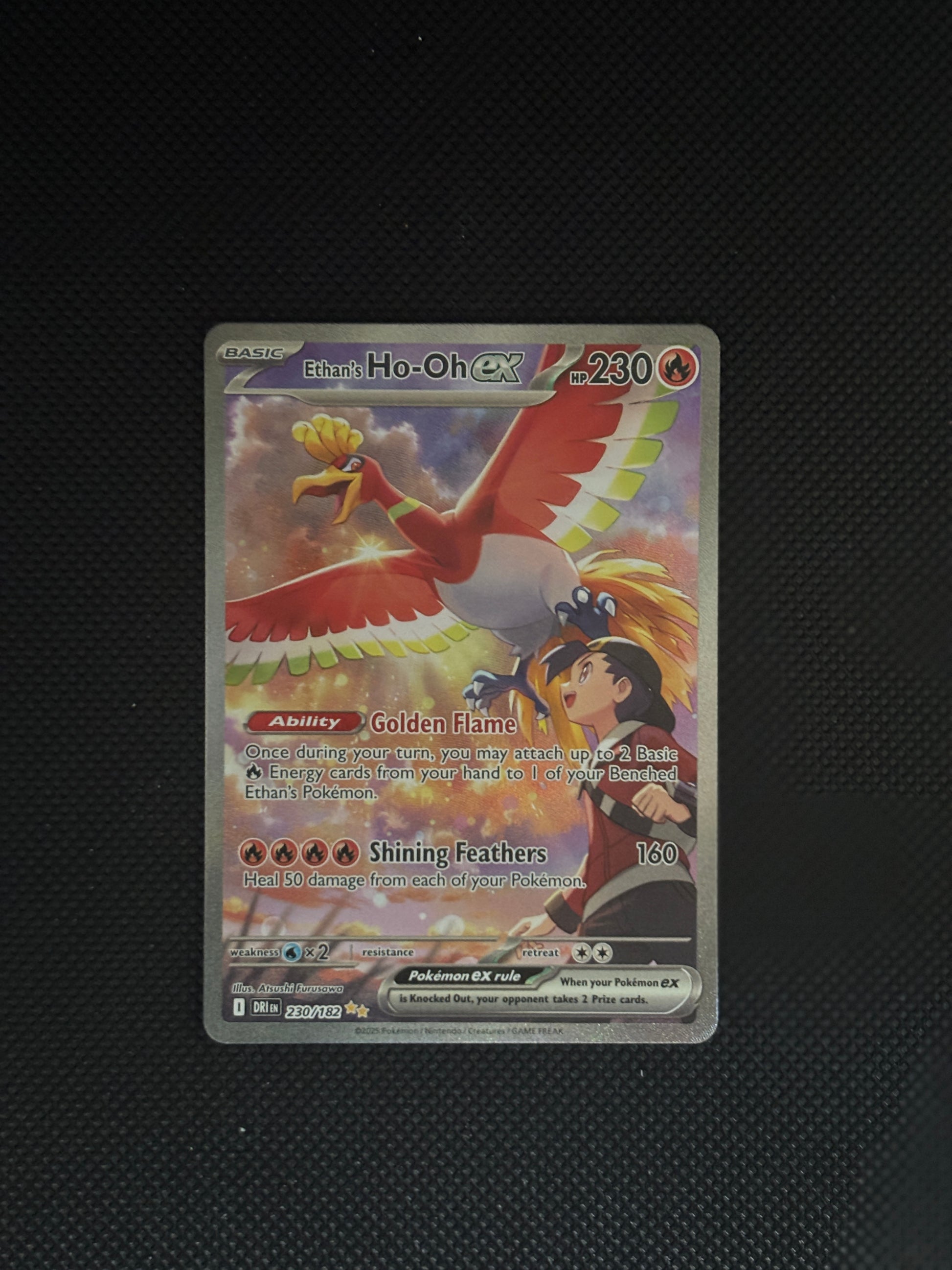 Ethan looking up to see HO-oh flying through the sunny cloudy sky.