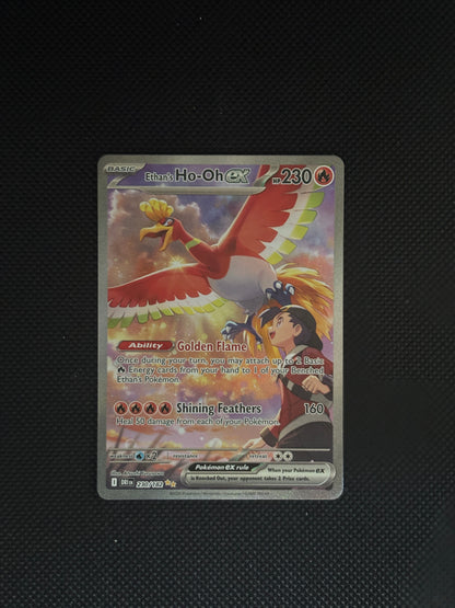 Ethan looking up to see HO-oh flying through the sunny cloudy sky.