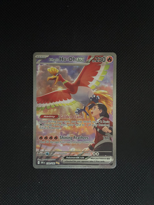 Ethan looking up to see HO-oh flying through the sunny cloudy sky.