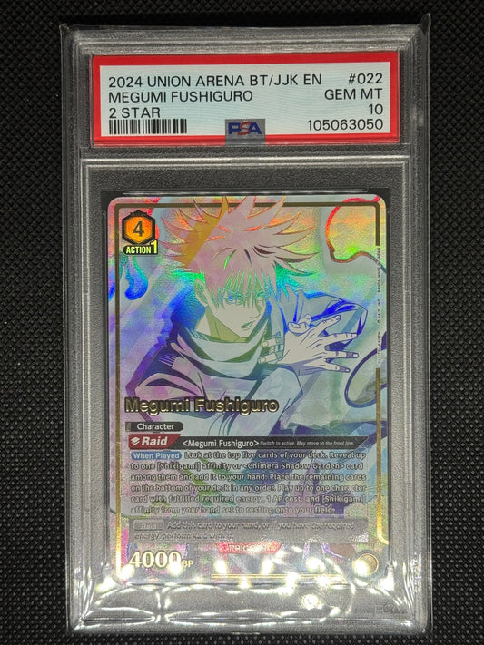 Holographic trading card of Megumi Fushiguro from Union Arena in a protective case with a visible grading label.