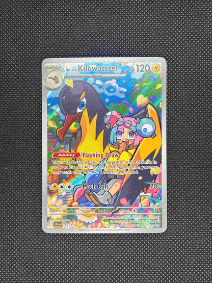 Colorful pokemon card featuring a character with a rainbow-colored design on a textured black 