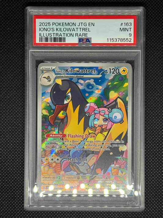 Iono's Kilowattrel illustration rare in a PSA 9 slab with the set, card number, ID, and barcode.